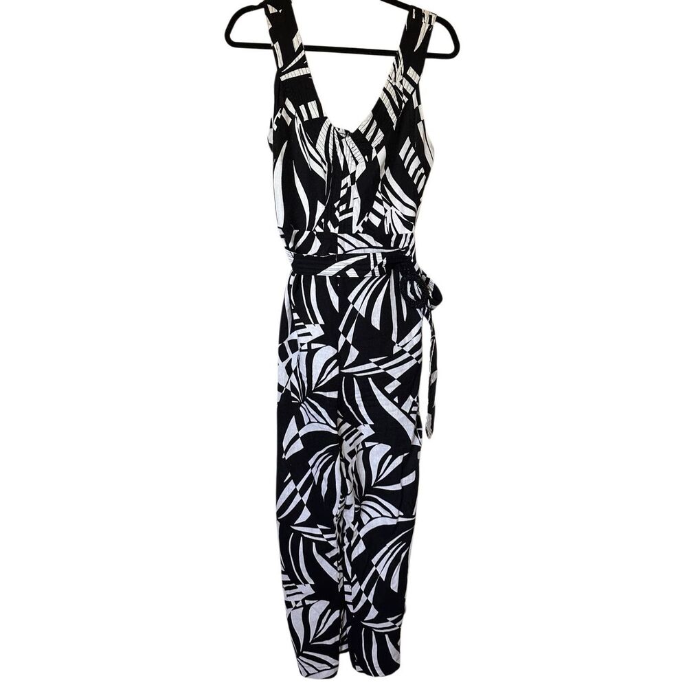 Tahari Linen Blend V-Neck Belted Women’s Jumpsuit Pants Romper Black/White Sz 10